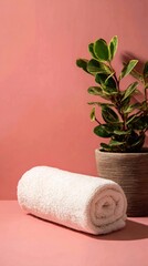 Neatly Rolled White Organic Cotton Towel with Green Plant on Pink Background
