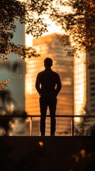 Urban Silhouette Portrait of Thoughtful Figure in Vibrant Cityscape