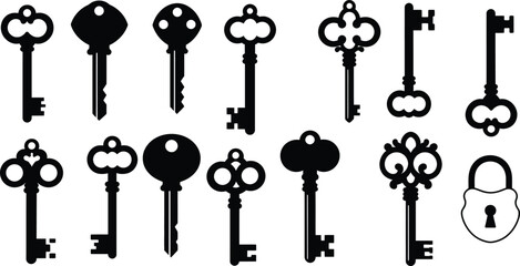Old Keys and Lock Silhouettes: A Vintage Collection of Skeleton Keys, Antique Ornamental Key Designs, and a Classic Padlock Illustration for Security and Access Concepts, Isolated Vector Set.