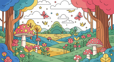 Enchanting Whimsical Forest Landscape Filled with Giant Mushrooms Butterflies and Rolling Hills Under a Cloudy Sky