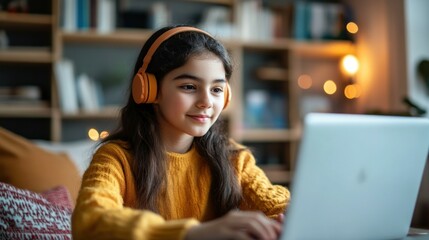 Young Student Attending Online Class on Laptop at Home – Cozy Room with Natural Light, Focused Expression, Modern Digital Education