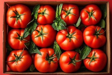 Top-Down View of Large Tomatoes in Open Cardboard Box