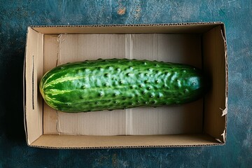 Top-Down View of Large Cucumber in Open Cardboard Box