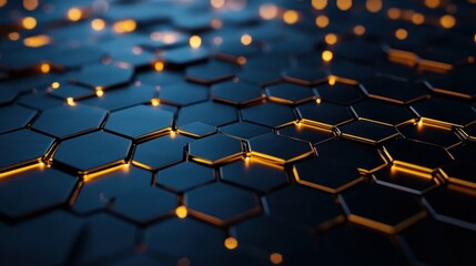 Minimalist Grid of Interlocking Golden Hexagons Floating in Deep Navy Void