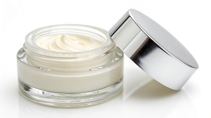 Close-up of a skincare cream in a glass container, highlighting its smooth texture and pure appearance.