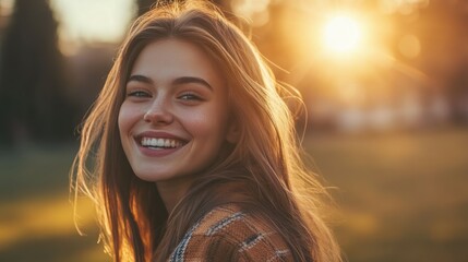 A joyful young woman smiling brightly under warm sunlight
