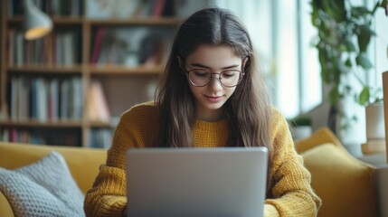 Young Student Attending Online Class on Laptop at Home – Cozy Room with Natural Light, Focused Expression, Modern Digital Education