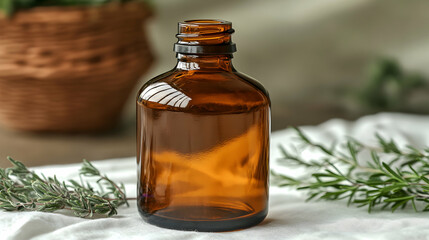 Amber glass bottle of essential oil with rosemary sprigs on a white linen background.  Perfect for aromatherapy, natural beauty, or holistic wellness branding.