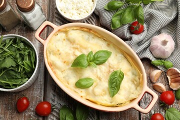 Tasty vegetarian lasagna and ingredients on wooden table, flat lay