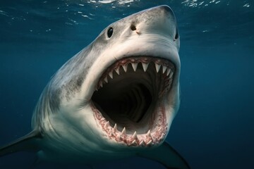 A great white shark with its mouth open in the ocean