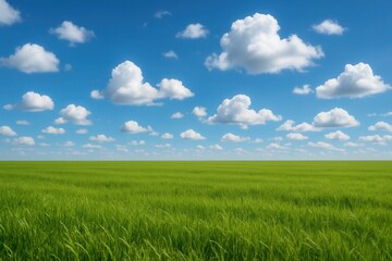 Fototapeta premium A field of green grass under a blue sky with white clouds