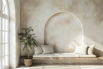 Cozy Interior with Arched Window, Wooden Bench with Cushions, Soft Natural Light