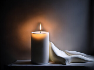 Elegant candle scene with white drapery and curtains illuminated by warm natural candlelight
