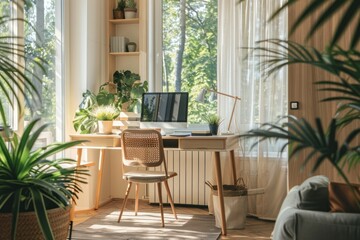 stylish Home Office with Wooden Desk and Large Window – Soft Daylight, Minimal Decor, and Neutral Tones