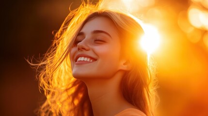 A joyful young woman under warm sunlight