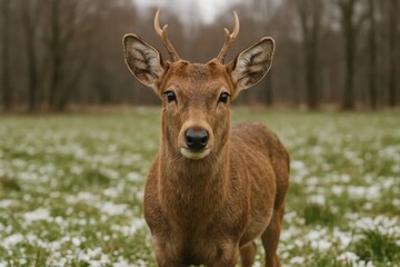 Fototapeta premium A deer standing in a field of snow covered grass