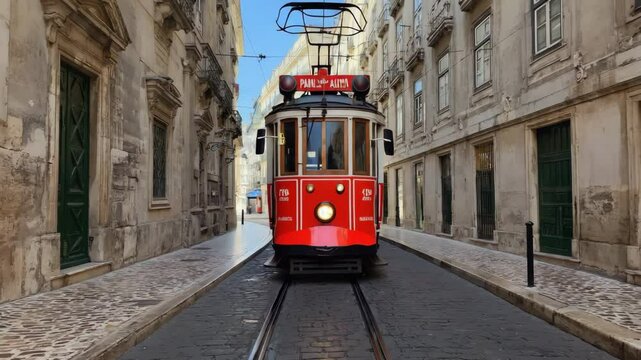 Red tram in Prague.