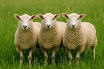 Obraz premium Three sheep standing in a grassy field looking at the camera