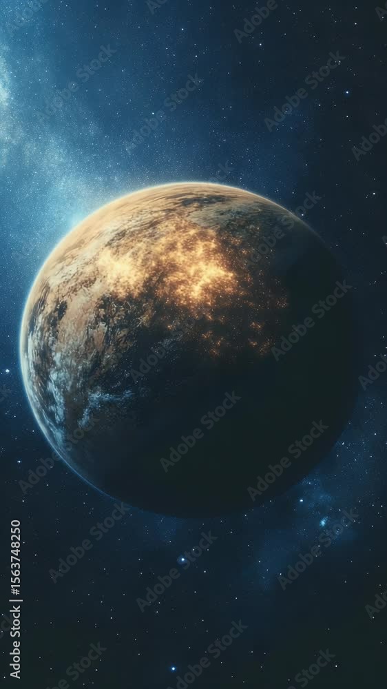 Poster view of a planet illuminated by city lights in deep space. detailed surface textures against a starl