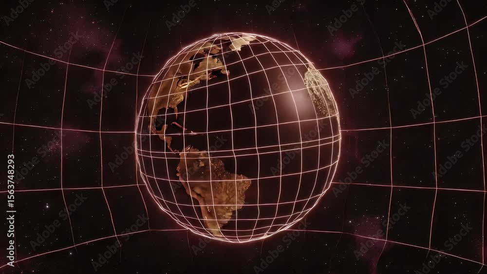 Poster abstract depiction of a glowing orb encased in a grid against a dark purple space background with fa