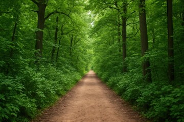 Obraz premium A dirt road in the middle of a lush green forest