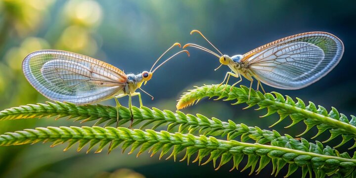 A delicate encounter of two lacewings perched on vibrant green foliage, their translucent wings catching the sunlight, a captivating moment in nature's intricate artistry.