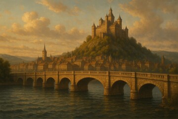 Obraz premium A painting of a bridge over a river with a castle on top of it