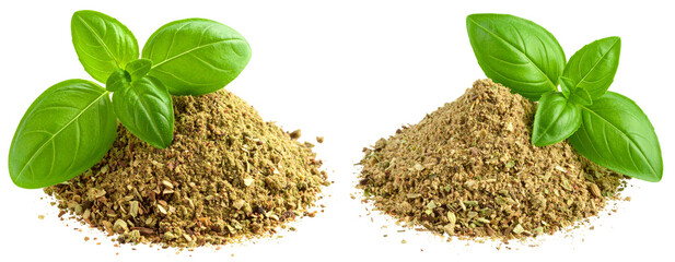  Isolated Pile of Dried Oregano Powder with Fresh Leaf, isolated on transparent background PNG