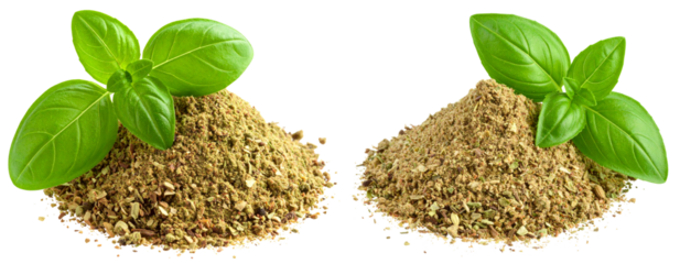  Isolated Pile of Dried Oregano Powder with Fresh Leaf, isolated on transparent background PNG