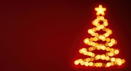 Glowing golden christmas tree made of bokeh effect lights with a bright star on top against a red background. Holiday decoration for Christmas eve backdrop with space for text or product.	
