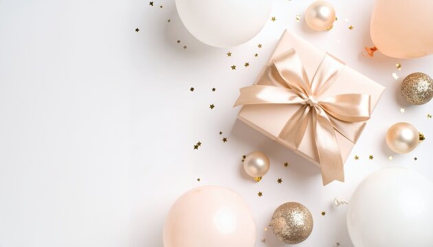 Overhead shot of a beautifully presented gift box with a silky bow, surrounded by balloons, decorative ornaments, and golden star confetti on a white backdrop.