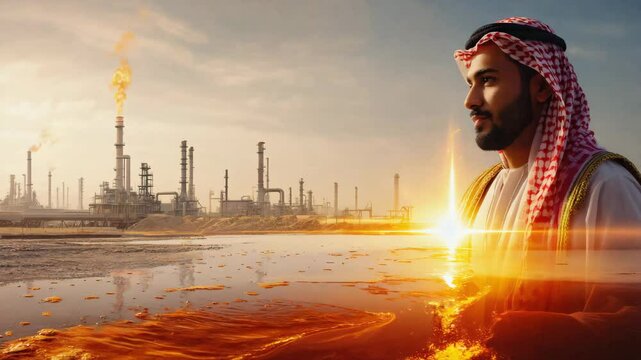 Arab sheikh looking at a pool of oil.