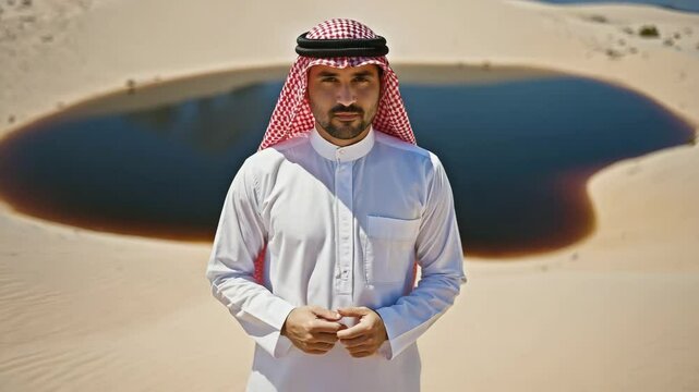 Arab sheikh looking at a pool of oil.