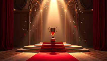 Golden trophy on a red carpeted stage with confetti and spotlight