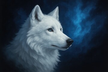 Fototapeta premium A white wolf with blue eyes in the dark