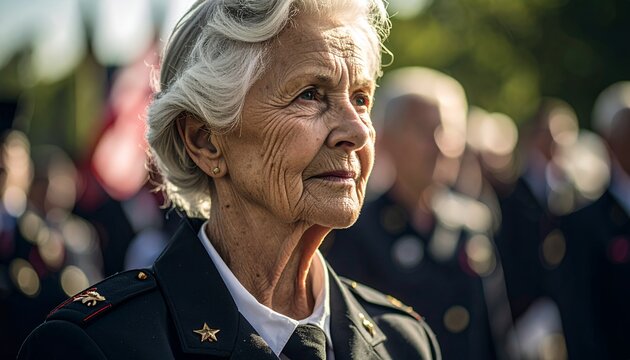Portrait of a senior woman in a military uniform, facing towards the right, with a contemplative expression, surrounded by a crowd of people.