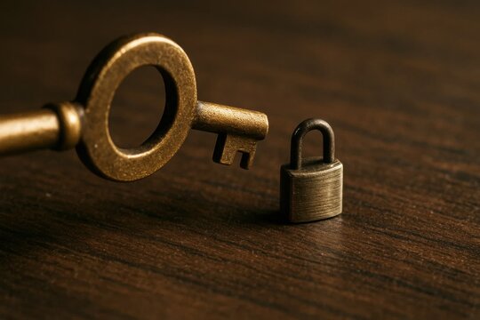 A golden key and a padlock on a wooden table