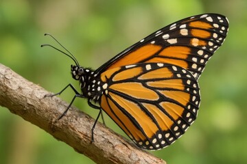 Naklejka premium A large orange and black butterfly sitting on a branch