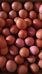 Vertical photo showing a pile of brown chicken eggs, commonly seen in markets or farm production. Great for illustrating food supply chains, agriculture, and commercial produce in natural lighting