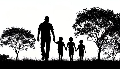 Silhouette image of a father walking with his three children holding hands under the trees, creating a sense of togetherness and family bond