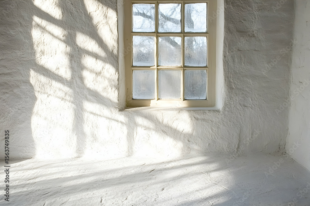 Poster serene sunlight streams through a rustic window, casting soft shadows on a whitewashed stone wall. t