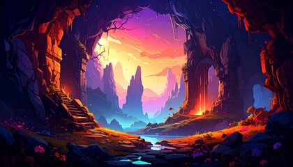 Sunset at the Cave Entrance of an Ancient Civilization