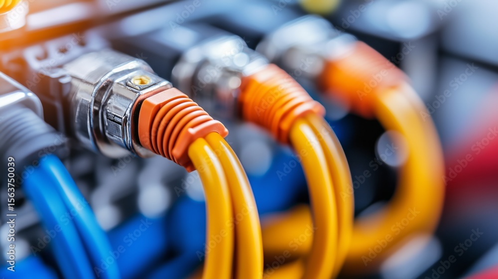 Poster network cables connected to a switch in an office environment during the day