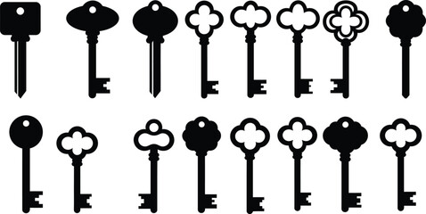 Diverse Antique and Vintage Skeleton Key Vector Silhouettes: Extensive Black Icon Collection Featuring Various Ornamental Bows and Keyhole Shapes for Security, Mystery, and Access Graphics.