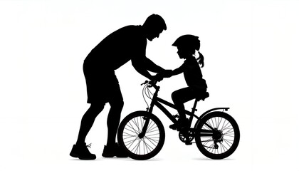 Fototapeta premium Silhouette of a father teaching his daughter to ride a bicycle, providing support as she learns, fostering family bonding and outdoor activities.
