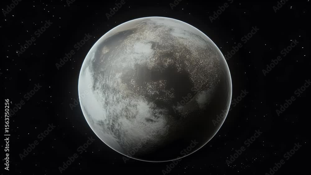 Poster celestial body in deep space with illuminated areas against a dark starry backdrop. the planet has a