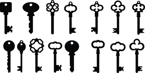 Vintage Skeleton & Ornate Key Silhouettes - Antique Door, Lock & Access Icons for History, Security, and Mystery-Themed Designs.