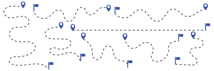 set of Route location icon two pin sign and dotted line. map path distance icon, pinpoint, map search, route, Route icon, two points with dotted path and location pin