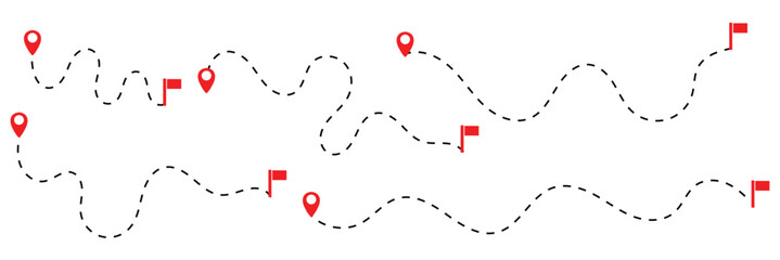 set of Route location icon two pin sign and dotted line. map path distance icon, pinpoint, map search, route, Route icon, two points with dotted path and location pin