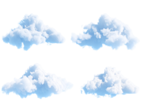 Four fluffy white clouds floating against a stark black background scene isolated on transparent background